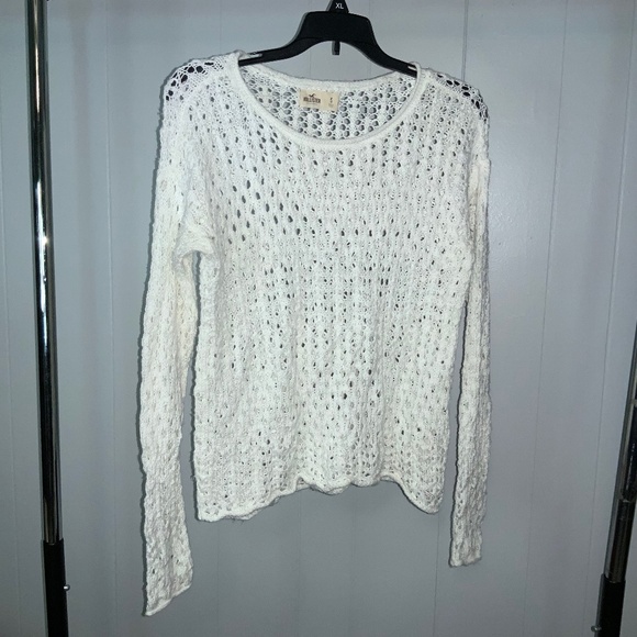 Hollister off white cotton blend openwork crochet knit sweater Sz S oversized - Picture 1 of 5